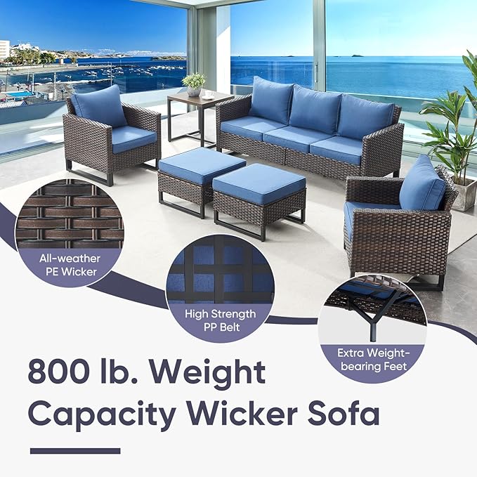 Belord 6 Piece Outdoor Furniture Patio Wicker Sofa Set, Oversize Outdoor Dining Chairs with Rattan Ottomans, Conversation Sets Patio Furniture Come with Removable Washable Cushion Blue, Brown