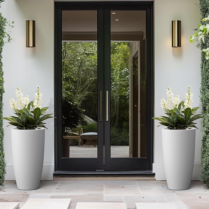 Kante 23.6" H Pure White Finish Concrete Tall Planters Large Outdoor Indoor Decorative Plant Pots with Drainage Hole and Rubber Plug, Modern Tapered Style for Home and Garden