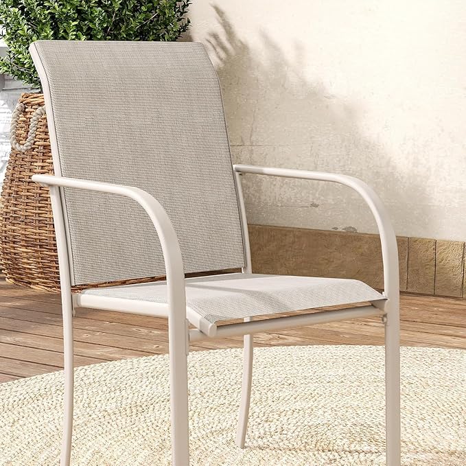 VICLLAX 7 Pieces Patio Dining Set, Outdoor Furniture Set Includes 47.2" Round Patio Table and 6 Patio Sling Chairs, Sandshell Color Tabletop and Fabric