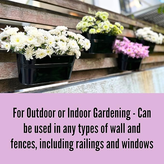 LaLaGreen Rail Planter Outdoor Plants(3 Pack, 11.8 Inch) Black Metal Iron Hanging Flower Pots Deck Railings Fence Buckets Modern Countryside Boho Style Wall Mount Window Box Plant Holder Porch Decor