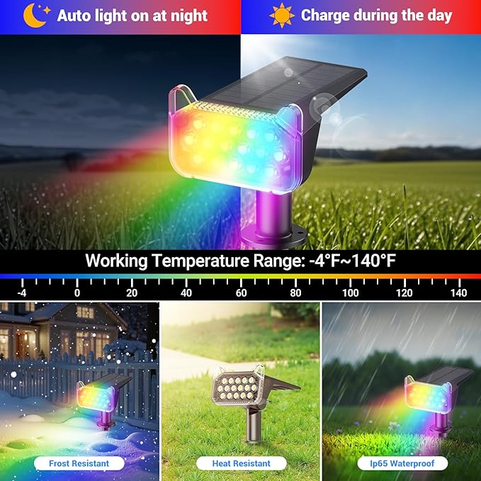 WdtPro 6 Pack Solar Color Changing Spot Lights, 10 Lighting Modes, Multicolor RGB Outdoor Lights, 9 Colors Auto Cycling Landscape Spotlights for Yard Garden Decoration