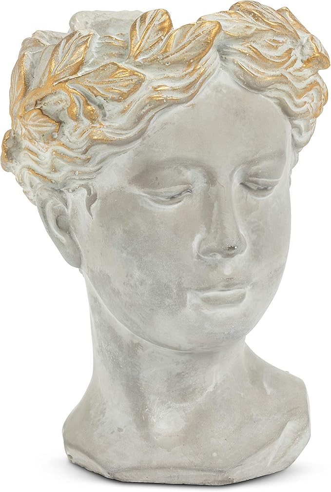 Abbott Collection Aphrodite Head Planter – Small Indoor and Outdoor Planter Pots – Whimsical Woman Statue Head Planter for Flowers and Succulents (Grey/Gold, 8.5" Tall, 3.5" Opening)