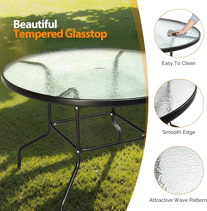 VINGLI 40'' Outdoor Dining Table with Umbrella Hole, All Weather Round Patio Table, Waterwave Tempered Glass Top and Metal Frame, for Garden Porch Balcony Yard