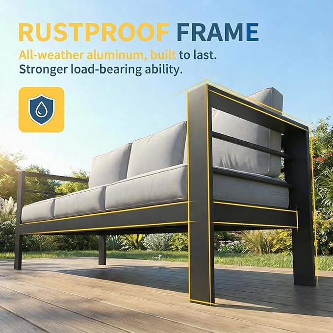 Solaste Aluminum Patio Furniture Set for All Weather, Oversized Metal Outdoor Furniture Set with 27.5" Deep Seating and 3.2" WIde Armrest, Outdoor Patio Conversation Sets with 10’’ Back Suport Cushion