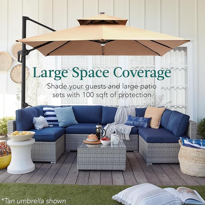 Best Choice Products 10x10ft Cantilever Patio Umbrella w/Base Included, Solar LED Lights 360 Rotation Large Offset Hanging Outdoor Shade for Deck Pool Backyard w/Stand – Deep Taupe