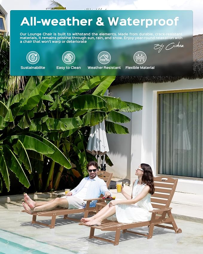 Ciokea Lounge Chair Outdoor, Oversized Chaise Lounge Chair with 5 Positions, HDPE, Patio Lounge Chair with Wheels & Cup Holder for Pool, Deck, Poolside, Teak
