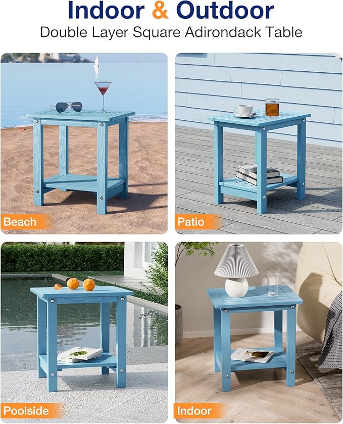 YEFU Outdoor Side Table for Patio: 16" HIPS Weather - Resistant Adirondack Tables Set of 2 - Small Square End Tables for Backyard Pool Porch Balcony - Indoor Outdoor Double Layer Table Blue