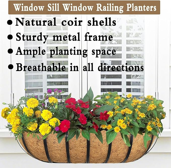 2pack 24-inch Window Sill Window Railing Planters with Cocoa Liner for Outdoor Balconies, Porches, Fences, Patio Railings