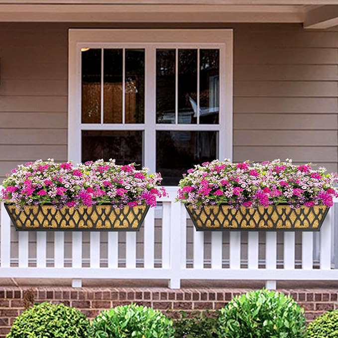 4 Pack 30 Inch Window Boxes Planters Railing Planter Box with Adjustable Brackets for Porch Fence Patio Balcony Hanging Flower Baskets with Coco Liners for Outdoor Garden Decor - Black