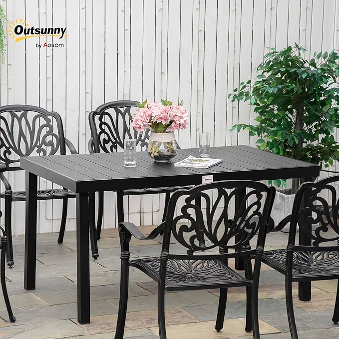 Outsunny Outdoor Dining Table for 6 Person, Rectangular Patio Table, Aluminum Metal Legs for Garden, Lawn, Patio, Woodgrain Black