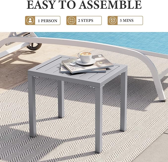 Crestlive Products Outdoor Side Table Set of 2, Aluminum Small Rectangular Coffee End Tables for Patio Balcony Pool Deck(Light Gray)