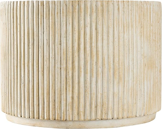Christopher Knight Home Yunara 17" H Lightweight Concrete End Table with Stunning Fluted Design, Indoor Outdoor Accent Side Table, Travertine Effect Round Coffee Table, No Assembly, Natural