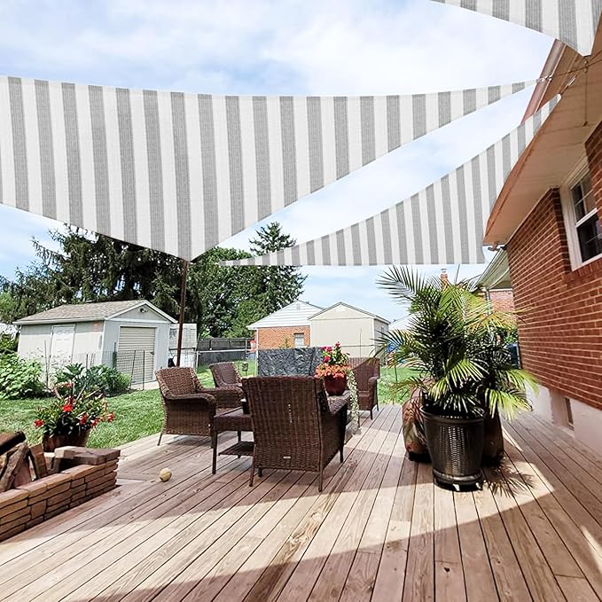 Patio Paradise 12' x 12' x 12' Sun Shade Sail Triangle Canopy Shade Cloth Fabric Sunlight Block Patio Pergola Cover HDPE Deck Awning for Outdoor Backyard Roof Shading, Gray White Strip