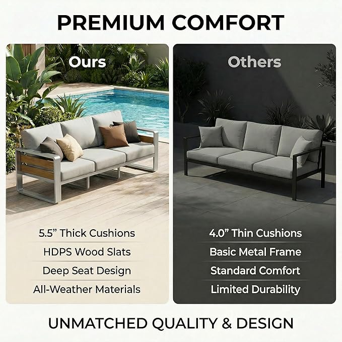ZANDOR Outside Aluminum Lawn Furniture - 1 Pcs Loveseat, All-Weather Metal Modern Outdoor Loveseat Sofa with Washable Thick Cushion for Garden/Backyard/Porch, Silver