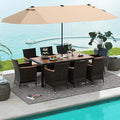 Tangkula 11 Piece Rattan Outdoor Dining Set with 15Ft Patio Umbrella for 8, Outdoor Wicker Table Set with 8 Cushioned Armchairs, Acacia Wood Top, Outdoor Umbrella with Base Included
