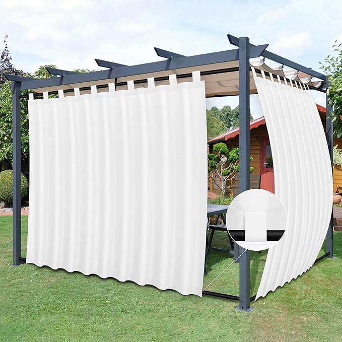 Easy-Going Outdoor Patio Curtains Detachable Tab Top Windproof Weatherproof Curtain for Cabana, Porch, Pergola and Gazebo, Tab Bottom Drape, 2 Panels, 110W x 120L inch, White