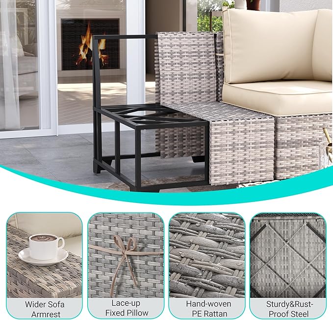13-Piece Outdoor Patio Furniture Set with 55,000 BTU Fire Pit Table, PE Wicker Rattan Sectional Sofa Patio Conversation Set with Coffee Table, White
