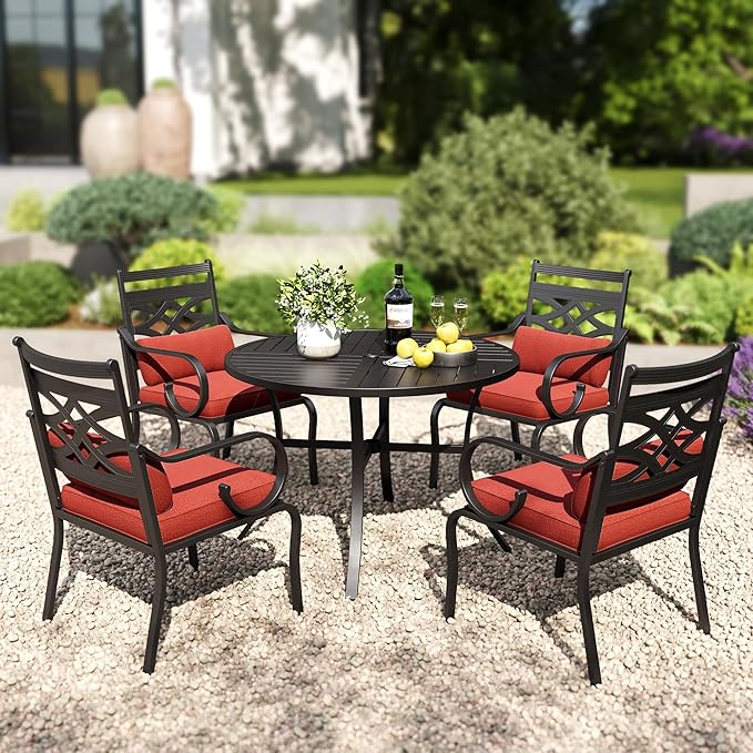 PHI VILLA 5 Pieces Outdoor Dining Set for 4, 42" Round Black Metal Table with Umbrella Hole & Wrought Iron Chairs, Large Outside Furniture with Red Cushions & Pillows for Patio, Deck, Porch