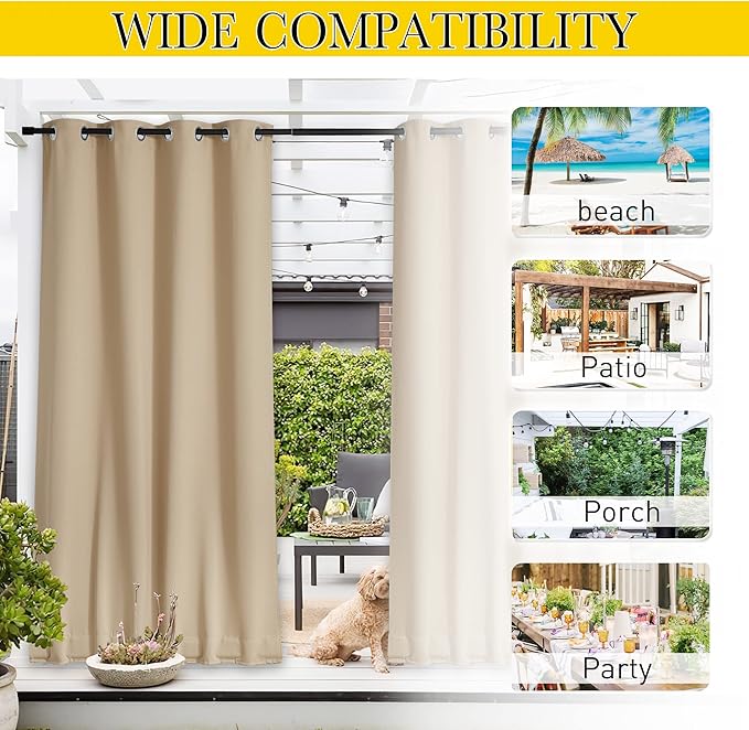 NICETOWN 2 Panels Outdoor Curtains for Patio Waterproof & Windproof, Grommet & Back Tab on Top & Bottom Weighted Drapes Keep Sun/Rain Out with Bouns Rope for Deck, Biscotti Beige, W52 x L108