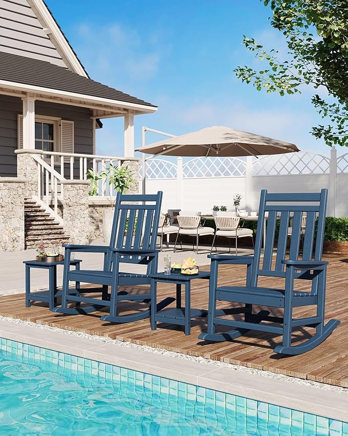 HDPE Rocking Chair Outdoor Set of 4 - Poly High Back Porch Rocker Chairs for Adults - All Weather Resistant Furniture for Patio Front Porch - Navy Blue