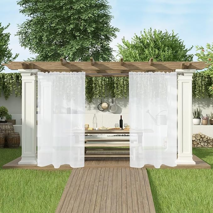 SpaceDresser Waterproof Outdoor Sheer Curtains for Patio - 2 Panels Rod Pocket Indoor Voile Sheer Curtain for Living Room,52W x 84L inch, White
