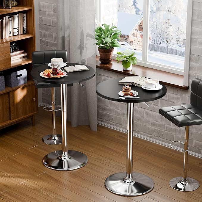 Flamaker Round Bistro Pub Table 23.6 Inch Height Adjustable 360° Swivel Bar Table Metal Base for Pub, Dining Room, Party (2, Black-Silver)
