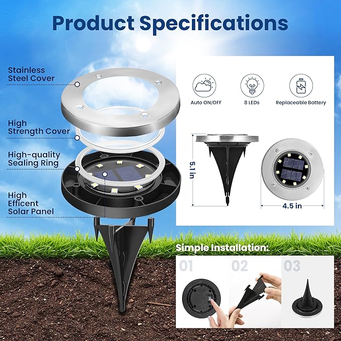 GIGALUMI Solar Ground Lights - No-Drill Fence Lighting Solution, Waterproof Perimeter Lights Compatible with Wood, Metal & Concrete Fences (16 Pack Cool White)