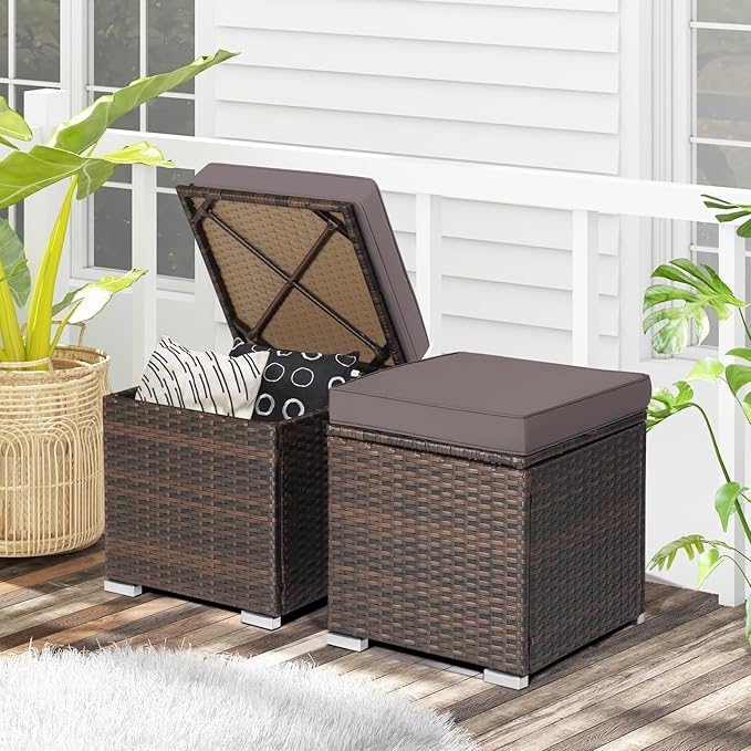 RELAX4LIFE Wicker Outdoor Storage Ottoman, 2-Piece Rattan Footstool w/Removable Cushion, Multipurpose Footrest Stool Side Table Additional Seating, Set of 2 Outdoor Ottomans for Patio Deck (Grey)
