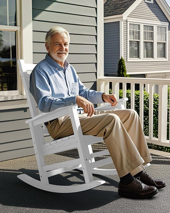 SERWALL HDPE Outdoor Rocking Chair Set of 8, Patio Rocking Chairs for Adults, All Weather Outdoor Rockers for Lawn, White