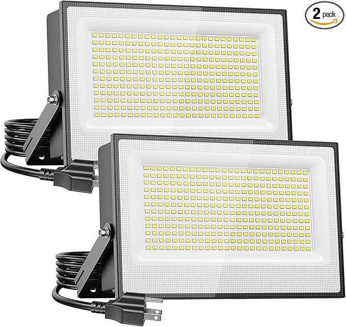 Onforu 300W Flood Lights Outdoor,30000lm Bright LED Work Light with Plug,6500K Daylight White LED Stadium Lighrs,IP66 Waterproof Security Yard Lights for Yard Garage Stadium 2 Pack
