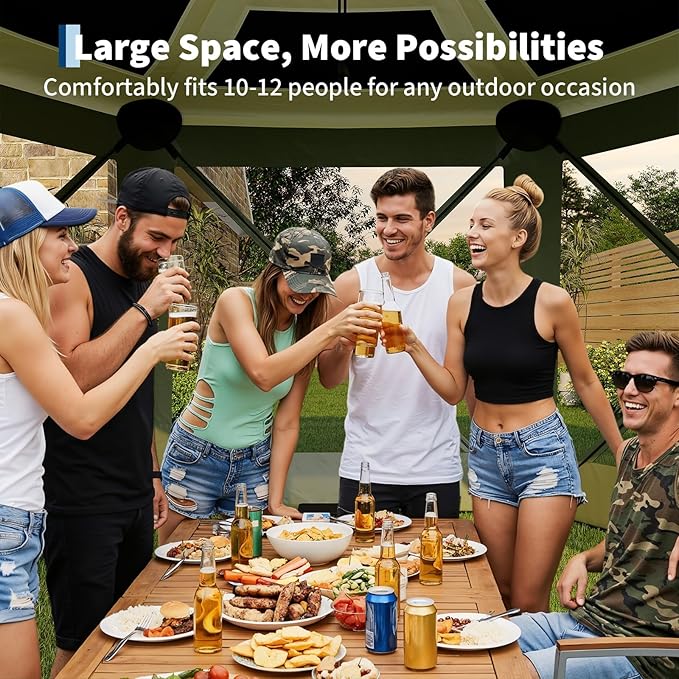 11.5x11.5FT 6-Sided Pop Up Gazebo Tent，One-Push Setup Canopy Tent with Mesh Panels & Removable Wind Cloths, Outdoor shelter for Camping, Backyard Parties, Outdoor Events - Army Green