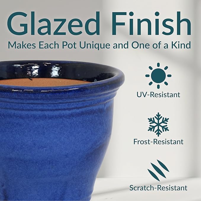 Sunnydaze Large Ceramic Plant Pot - Round Outdoor Glazed Ceramic Planter Pot with Drainage - Studio - Imperial Blue - 14.5"