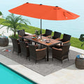 Tangkula 11 Piece Rattan Outdoor Dining Set with 15Ft Patio Umbrella for 8, Outdoor Wicker Table Set with 8 Cushioned Armchairs, Acacia Wood Top, Outdoor Umbrella with Base Included