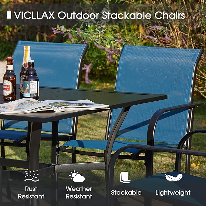 VICLLAX Patio Table and Chair Set of 8, All Weather Metal Round Outdoor Dining Furniture Set-53 Round Outdoor Table and Chairs, Black Tabletop