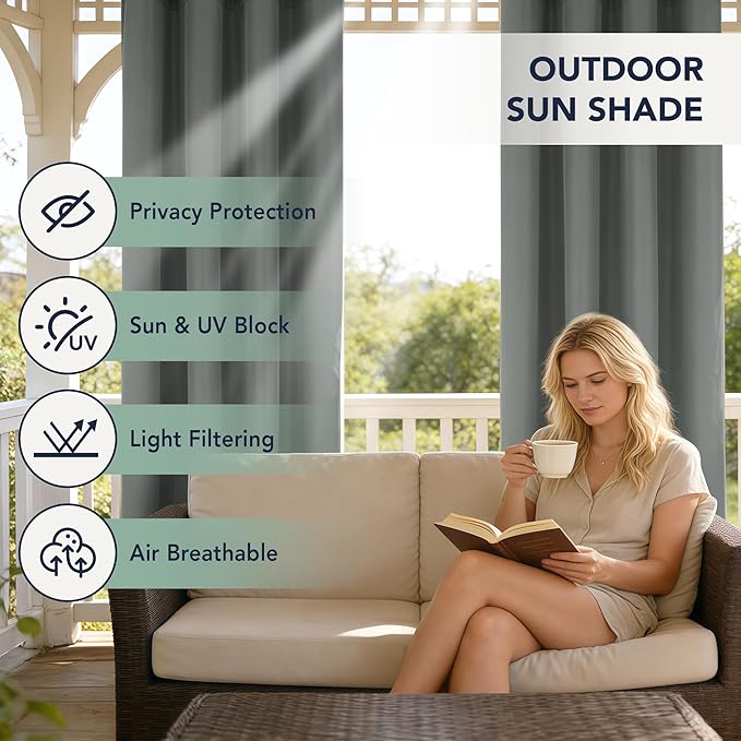 Outdoor Curtains for Patio Waterproof - 6 Panels Privacy Weatherproof Outside Curtains with Grommets for Pergola, Gazebo, Porch, Cabana, Balcony, 54 x 84 Inch, Grey