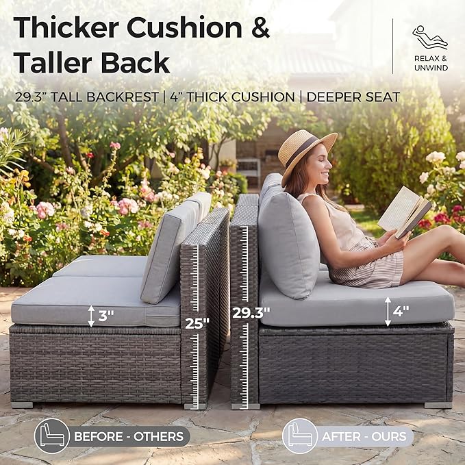 NICESOUL 7 Pieces Comfy 29.3'' High Back Outdoor Furniture Sofa Set, Extra Large Size Grey PE Wicker Patio Modular Sectional with Side Tables, All-Weather Rattan Conversations for Backyard Deck,Gray