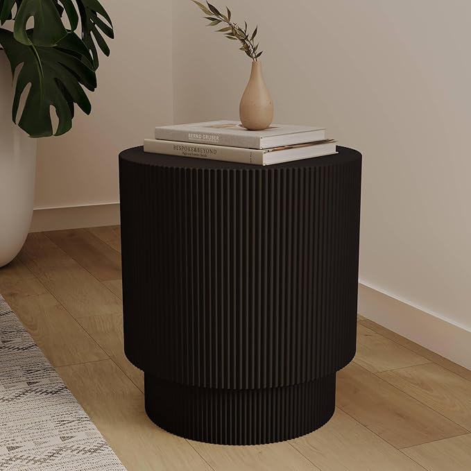LeisureMod Modern Side Table Round Fiberstone Top Accent End Table for Home, Outdoor Patio, Living Room Sofa, Weather-Resistant, Eden Series in Black