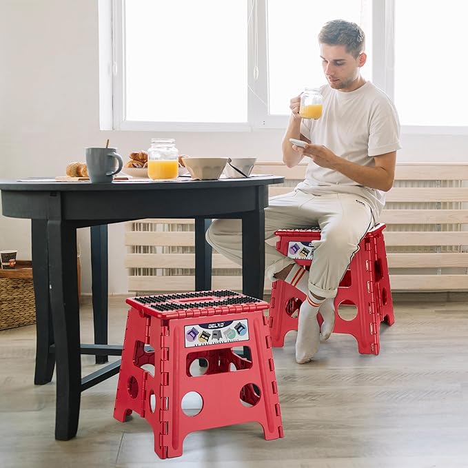 Delxo Folding Step Stool,Non-Slip Stool 13 inch Height Premium Heavy Duty Foldable Stool for Kids and Adults,Kitchen Garden Bathroom Steppingstool 1 Pack in Red,Dotted Texture