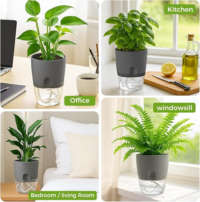 5 Pack Self Watering Pots for Indoor Plants, PlanterHoma 4 Inch Plant Pot Plastic Self Watering Planter for Orchid, African Violet, Small Clear Flower Pots with Drainage Holes and Wicking Rope, Grey