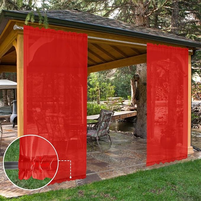 SpaceDresser Waterproof Outdoor Sheer Curtains for Patio - 2 Panels Rod Pocket Indoor Voile Sheer Curtain for Living Room,52W x 108L inch, Red