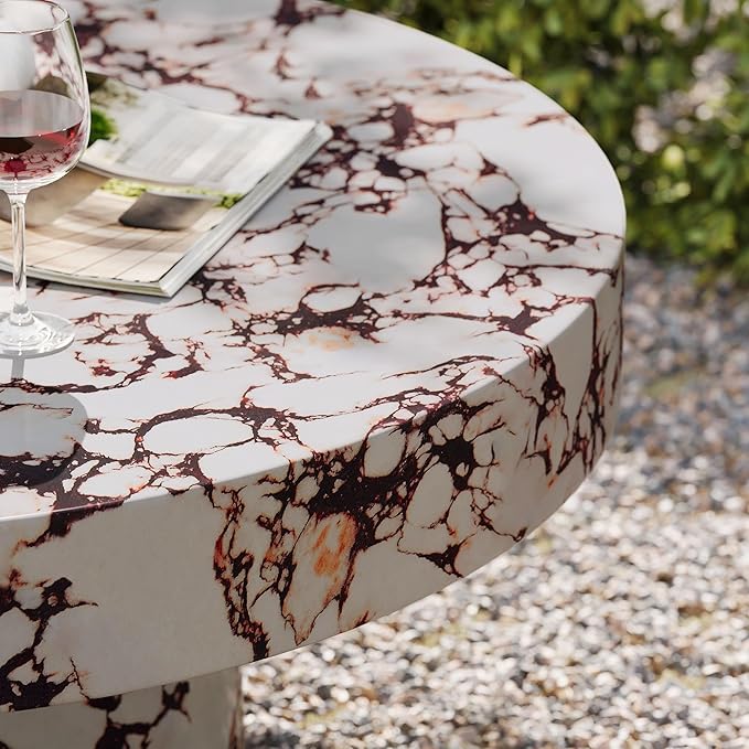 Modway Alora Round Concrete Coffee Table with Faux Stone Finish in Red Marble - Cement Accent Table for Living Room - Stone Patio Center Table - Indoor Outdoor 34 Inch Low Coffee Table