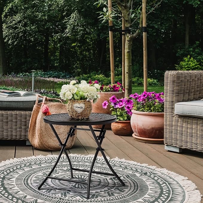 TeoKJ Folding Small Outdoor Side Tables, Anti Rust Small Patio Table Round Metal Nightstand with Flower Cutouts for Porch Yard Balcony Deck Lawn, Black