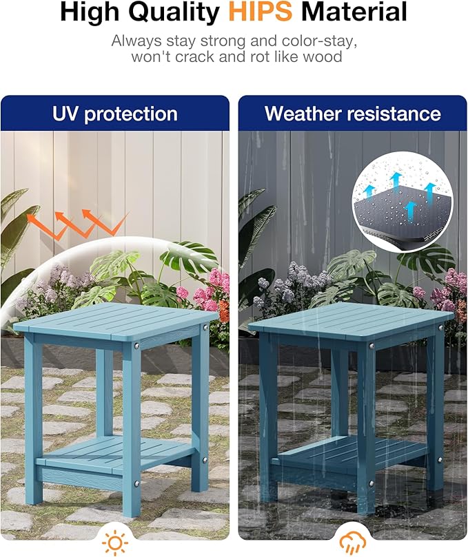 YEFU Outdoor Side Table for Patio: 16" HIPS Weather - Resistant Adirondack Tables - Waterproof Small Square End Tables for Backyard Pool Porch Balcony - Indoor Outdoor Double Layer Table Blue