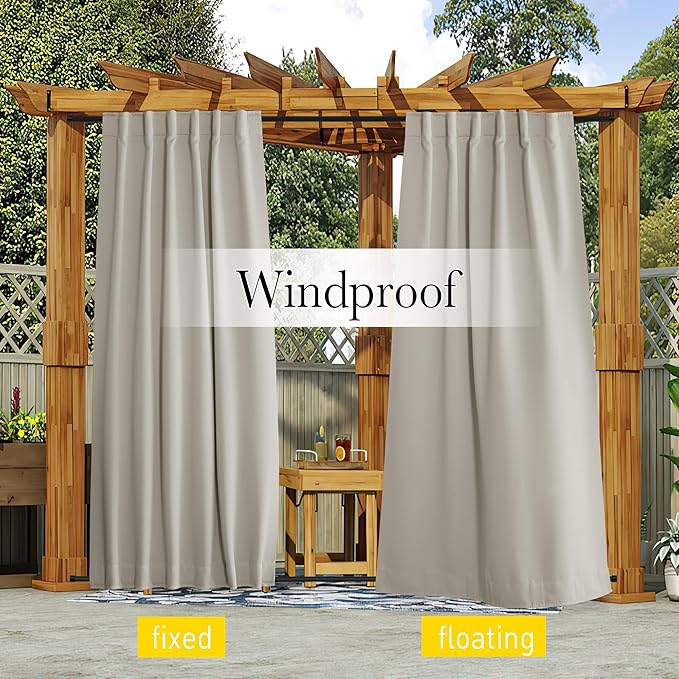 NICETOWN 2 Panels Outdoor Curtains Waterproof Pocket & Back Tab on Top & Bottom, Thermal Insulated Windproof Sun Blocking Outside Privacy Drapes for Patio with Fixed Rope, W84 x L95, Natural