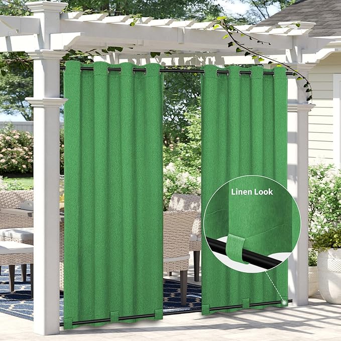 Easy-Going Linen Look Outdoor Curtains Waterproof Windproof Porch Curtains, Soft Thicken Outdoor Privacy Curtains for Patio, Gazebo, Grommet Top and Tab Bottom Drape, 1 Panel, 54x108 inch, Green