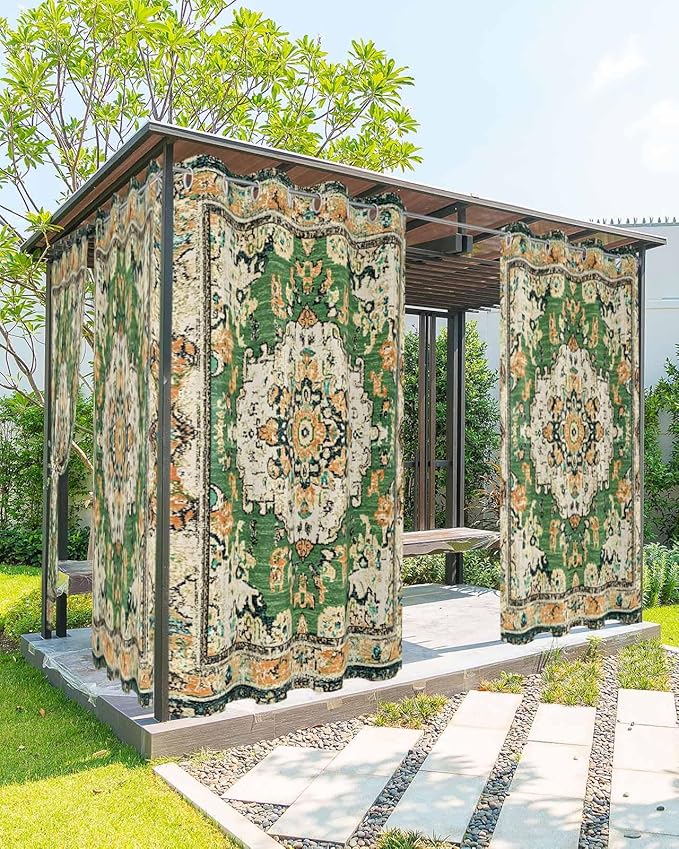 Ombre Green Boho Outdoor Curtains for Patio Waterproof, Grommet Privacy Curtain Drapes Weatherproof Outside Curtains for Porch GazeboPergola Cabana 1 Panel 54x108inch Vintage Ethnic Tribal Geometric