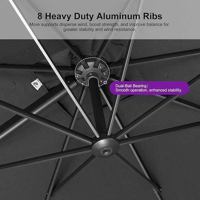 PURPLE LEAF Patio Umbrella 9' X 9' Rectangle Cantilever Umbrella Large Aluminum Outdoor Umbrellas with 360-degree Rotation & UPF40+ Premium Fabric for Deck Pool Garden Yard, Mist Grey