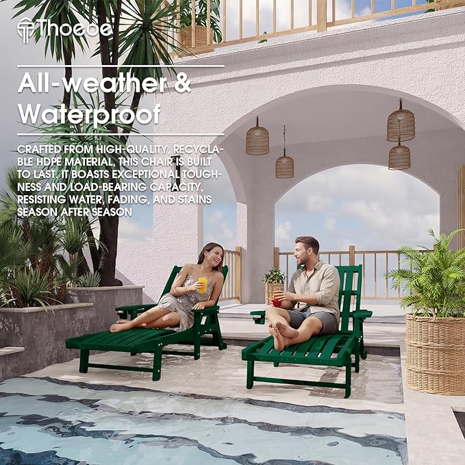 Patio Chaise Lounge Chair, Oversized Lounge Chair Outdoor with 5 Positions, HDPE, Patio Lounge Chair with Wheels & Cup Holder for Pool, Deck, Poolside,Green