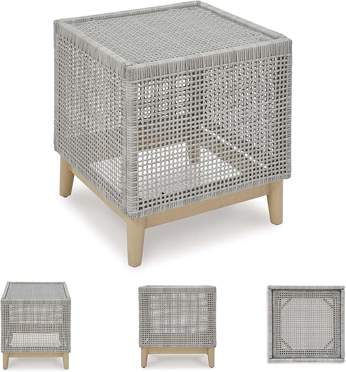 Signature Design by Ashley Seton Creek Contemporary Chic Outdoor All-Weather Resin Wicker End Table with Tempered Glass Tabletop, Gray & Light Brown