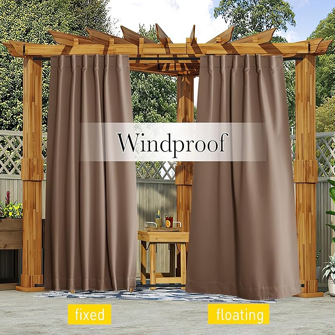 NICETOWN 2 Panels Outdoor Curtains for Patio Waterproof Top & Bottom Pocket & Back Tab, Blackout Outdoor Drapes with Rope for Fixed Windproof Keep Privacy & Warm for Porch, W52 x L95, Tan-Khaki